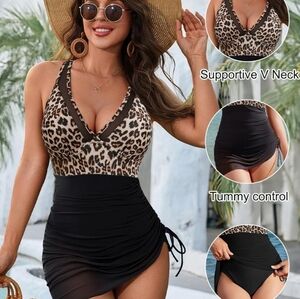 Leopard Print and Black Ruched Swim Dress/bathing Suit.  New. Sz 2x.